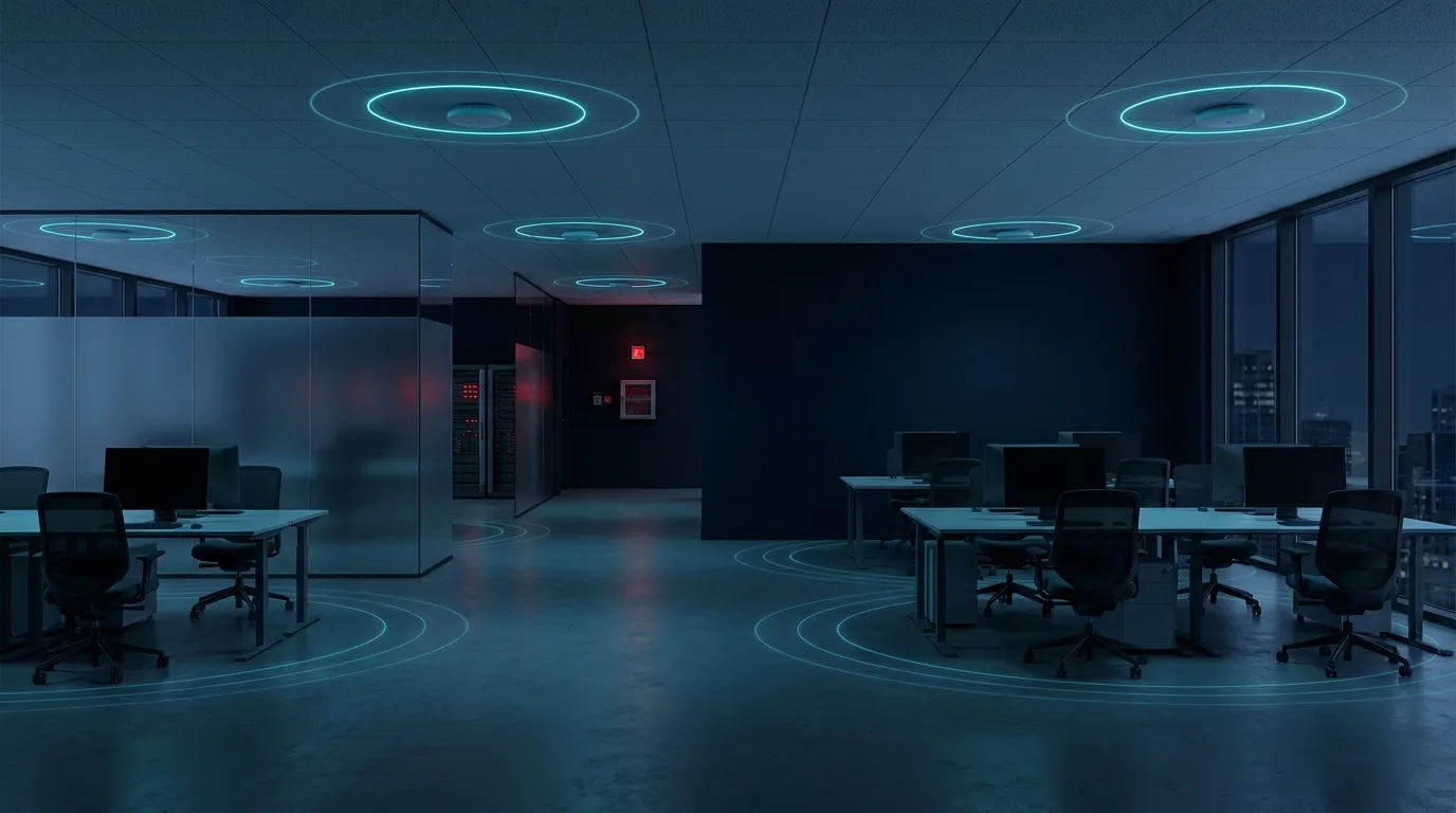 Ceiling antennas radiating coverage across a building floor