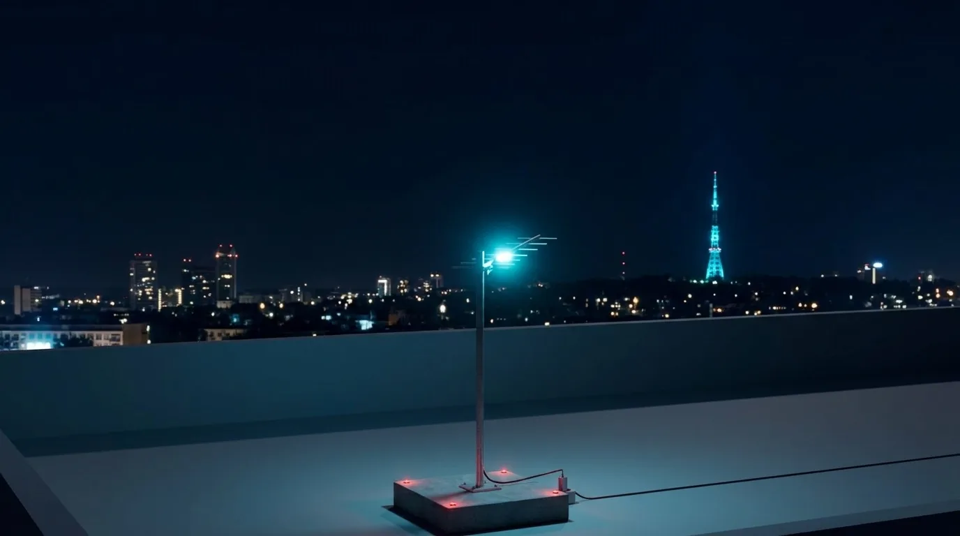 Roof-mounted directional donor antenna aimed at the public-safety tower