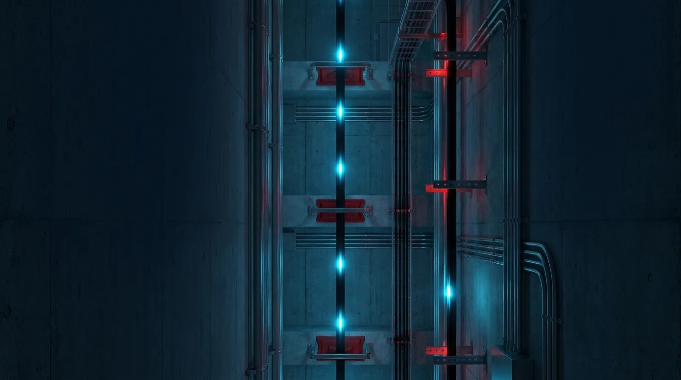 Glowing single-mode fiber strands running through a building pathway