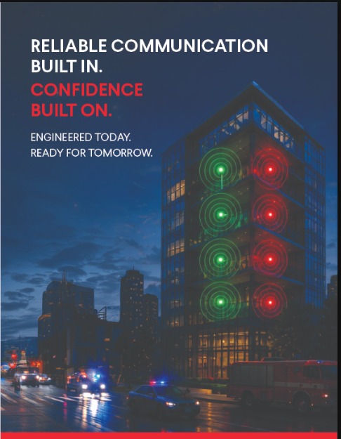 Reliable communication built in, confidence built on: a glass tower at night with emergency radio coverage on every floor